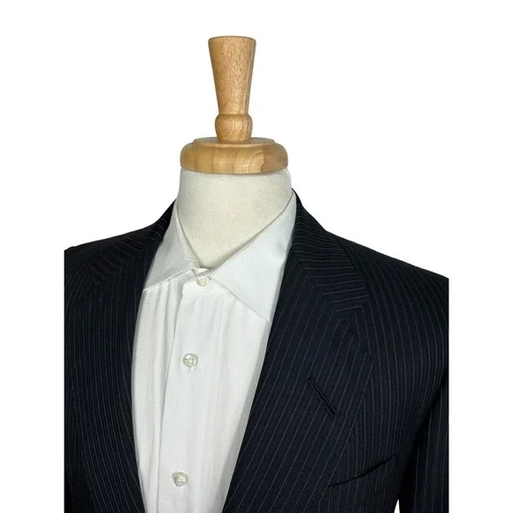 Edgar Pomeroy Bespoke Black Striped Pure Wool Mens Suit 40R Pant 32x30